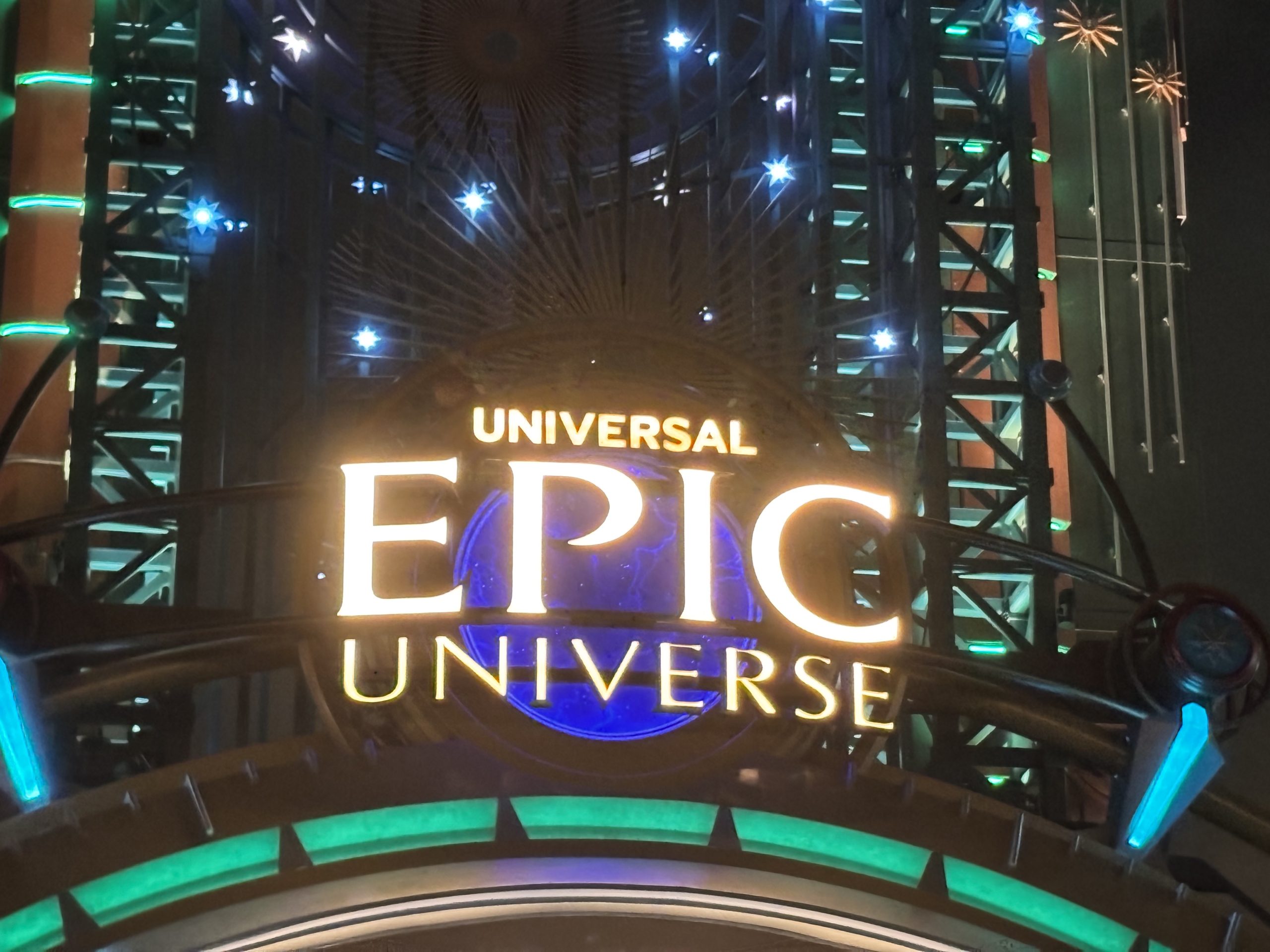 Epic Universe logo at night